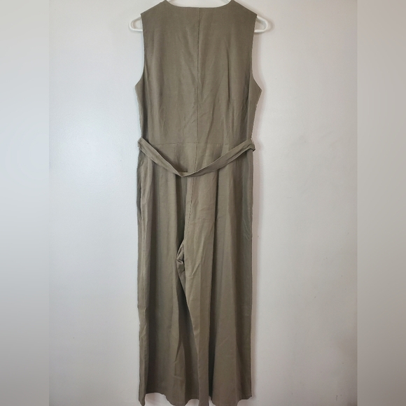 Tahari Linen Blend Jumpsuit Cropped Pants Tie Waist Tank Top Utility Minimalist - Picture 8 of 11
